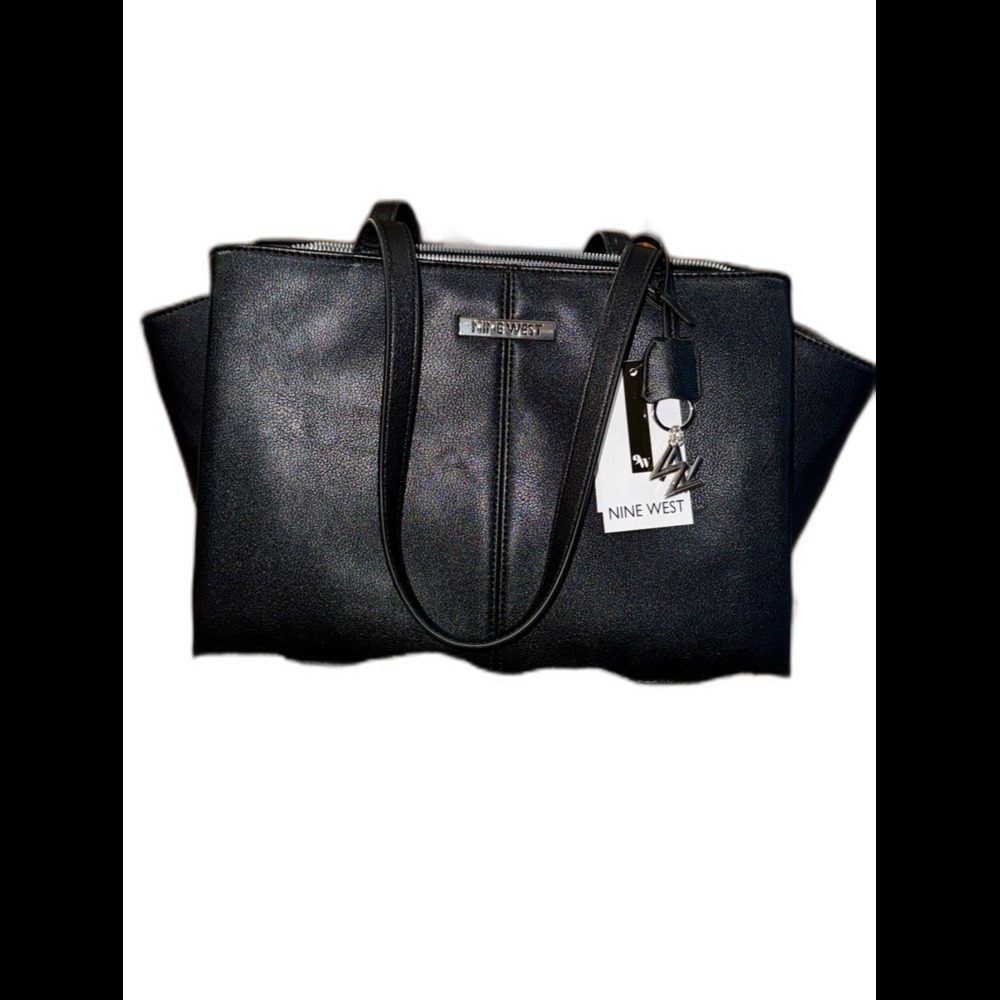 Nine West Black Leather Tote with Logo Charm